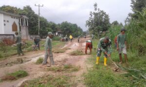 Babinsa Koramil 411-07/SB, Aparatur Dan Warga Kampung Sri Budaya Bergotong-royong Timbun Jalan Berlubang